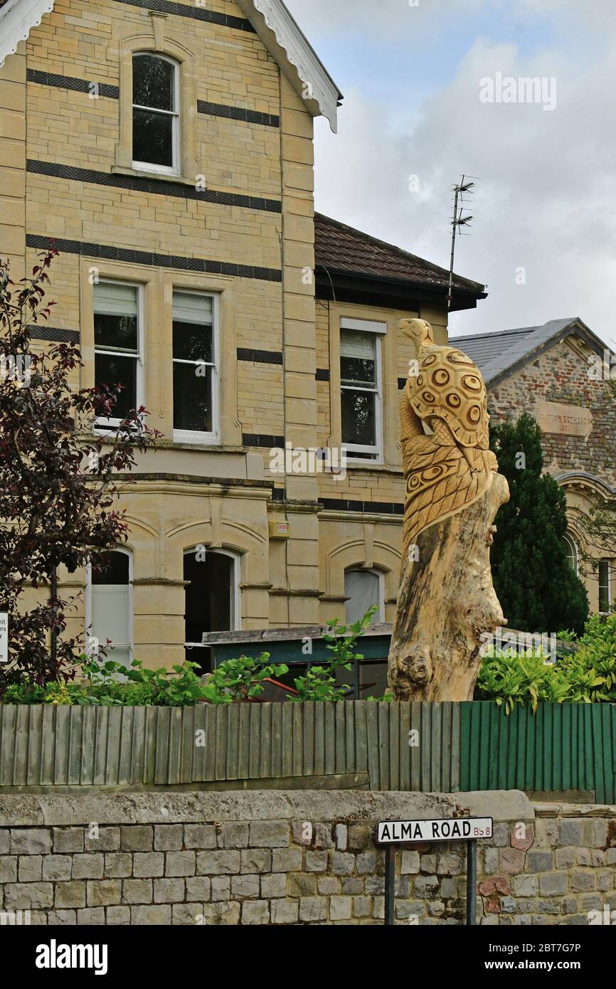 UK.23rd May 2020.Tree carving of sea turtle seen in Bristol on Alma