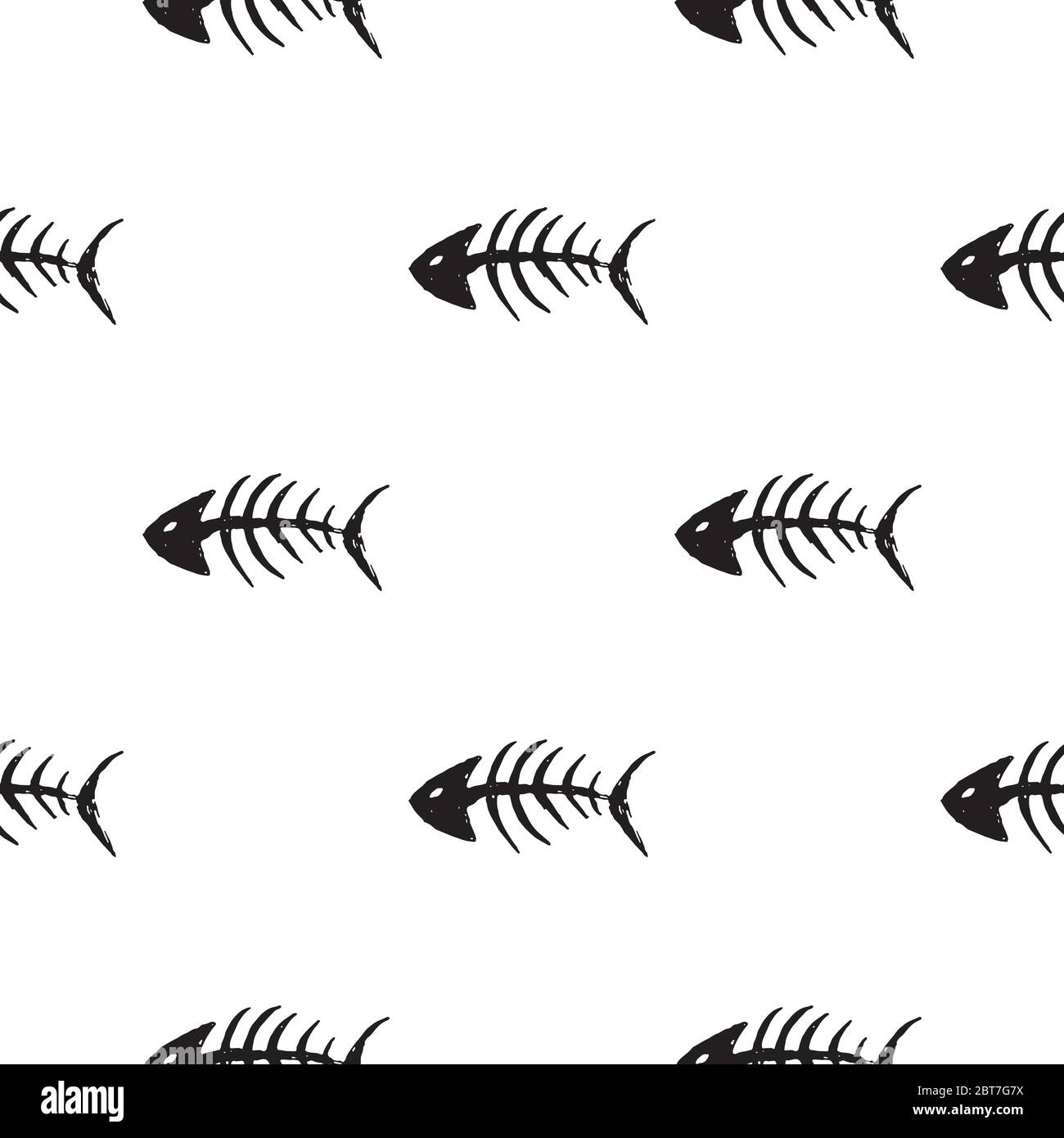 Seamless fish skeleton pattern, hand-drawn elements in doodle