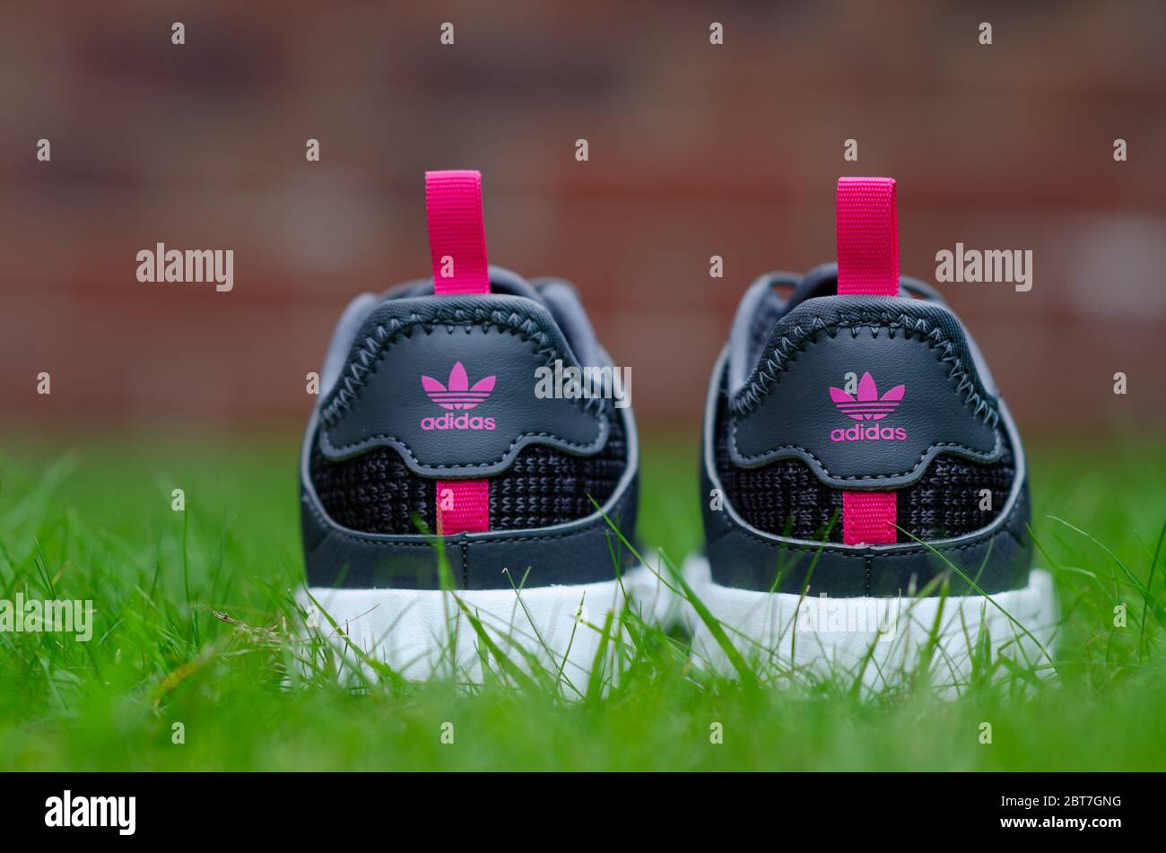The close up photo of child's pair of grey and pink Adidas trainers on the vibrant green grass. The brick wall is blurred on the background. Stock Photo