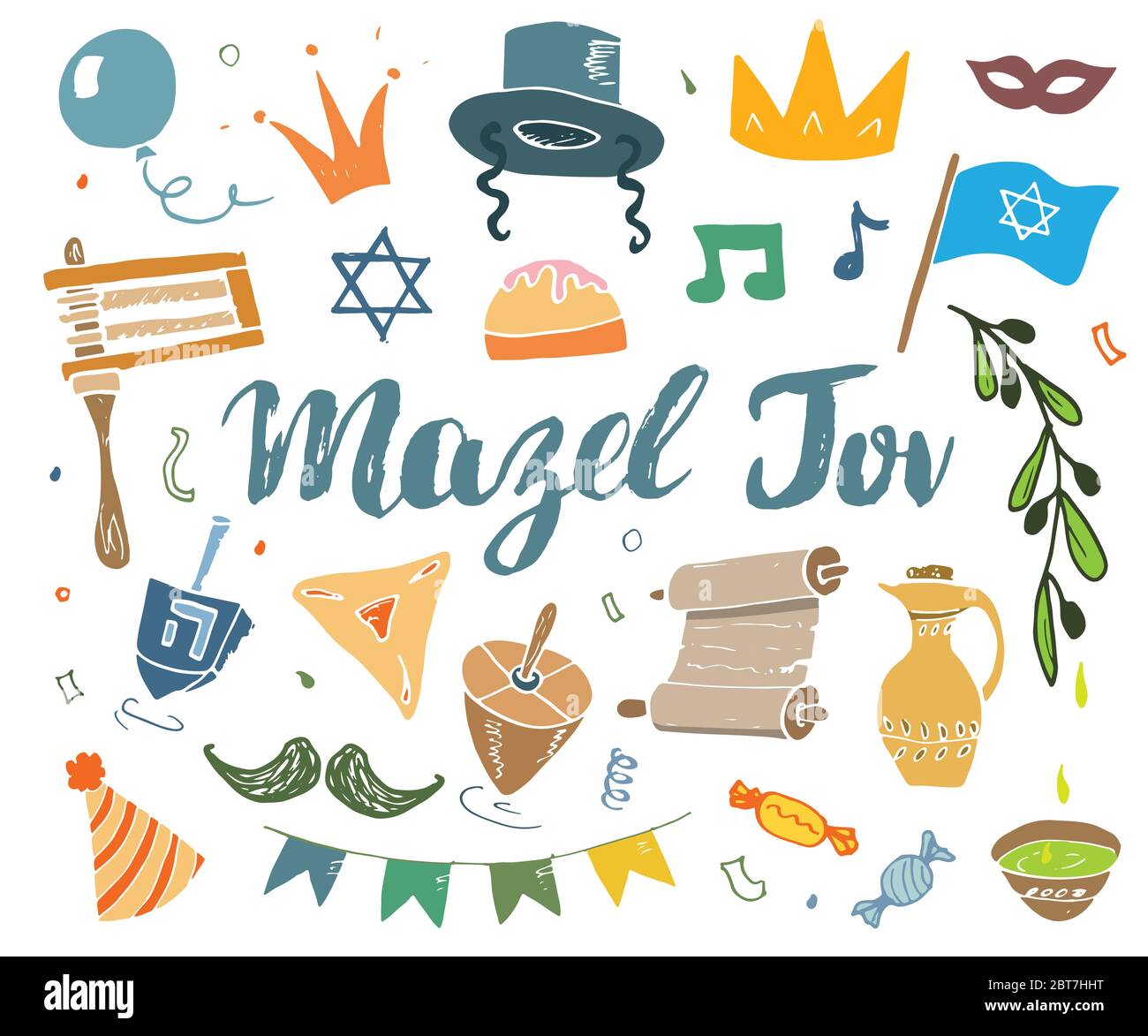 Mazel tov lettering, Jewish holiday hand drawn items set, vector