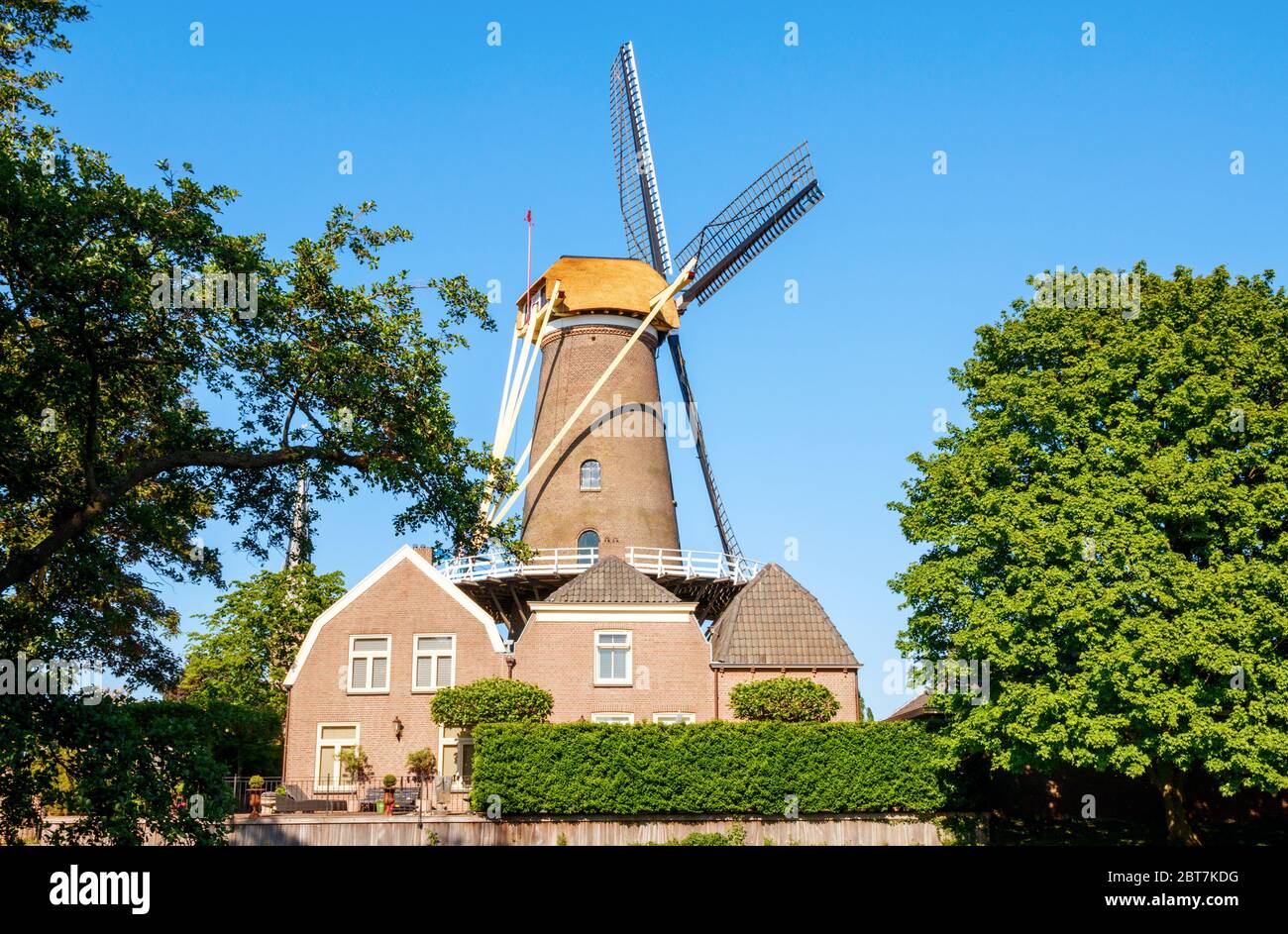 Windmill De Hoop (The Hope) also called 't Jach and three houses on a sunny afternoon against a blue sky. Culemborg, Gelderland, The Netherlands. Stock Photo