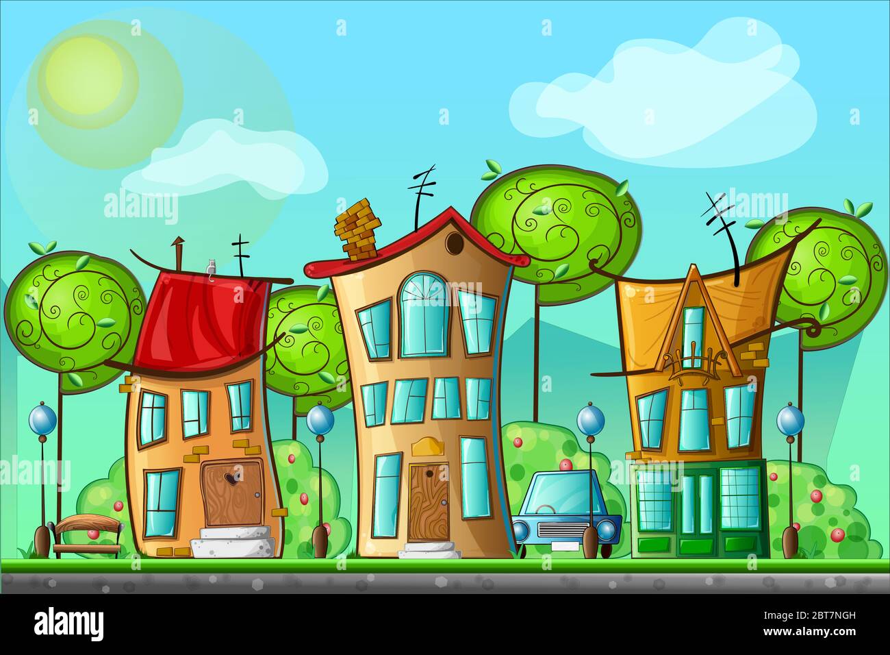 illustration of landscape cartoon village with bright houses and trees .  Vector illustration for design background. Panorama Stock Vector Image &  Art - Alamy