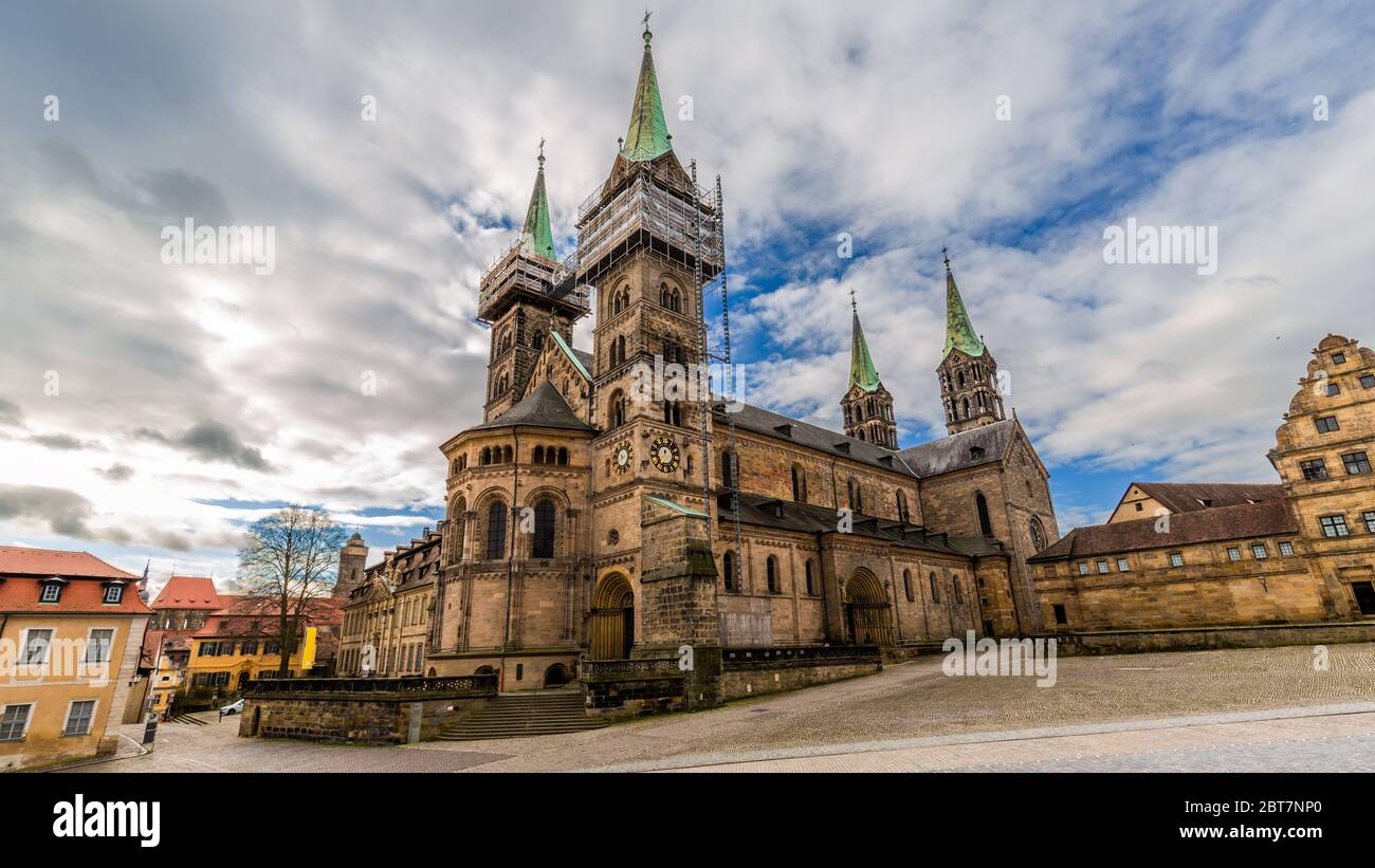 View on Bamberg cathedral (Bamberger Tom) with Domplatz. The cathedral was inaugurated in 1237. Stock Photo