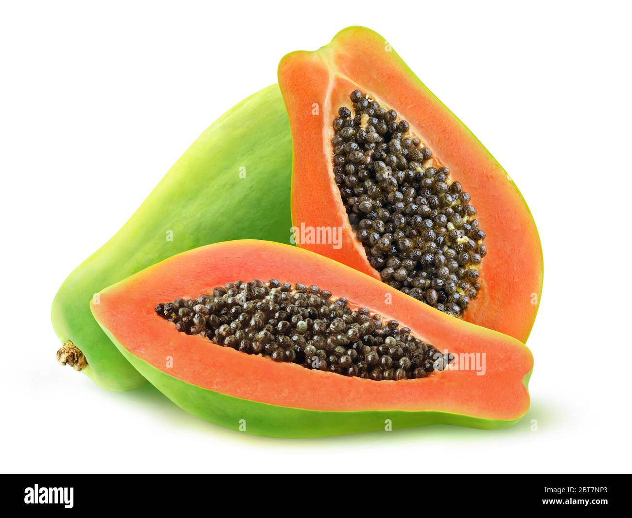 Isolated papaya fruits. One whole green papaya and one halved isolated