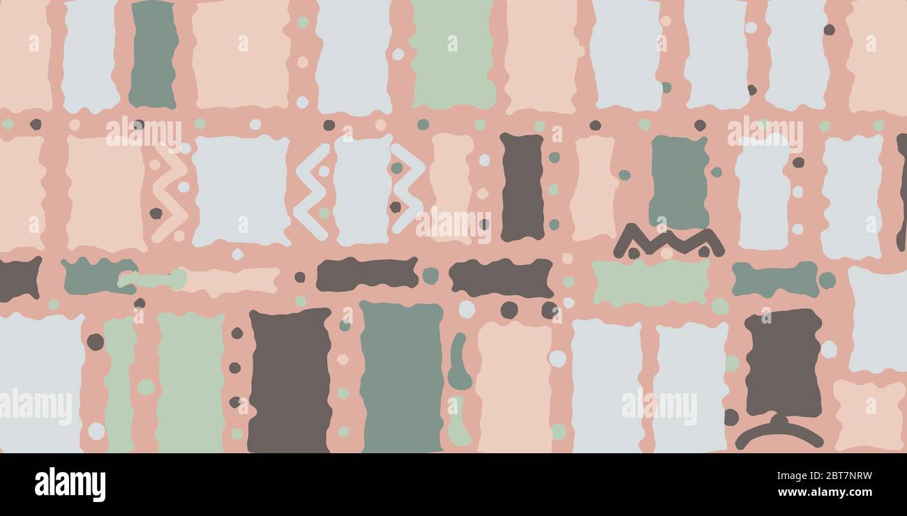 Abstract background with shapeless blurry rectangles and dots. Calm pastel colors - shades of pink, orange, green, gray. Horizontal avant-garde wallpa Stock Vector