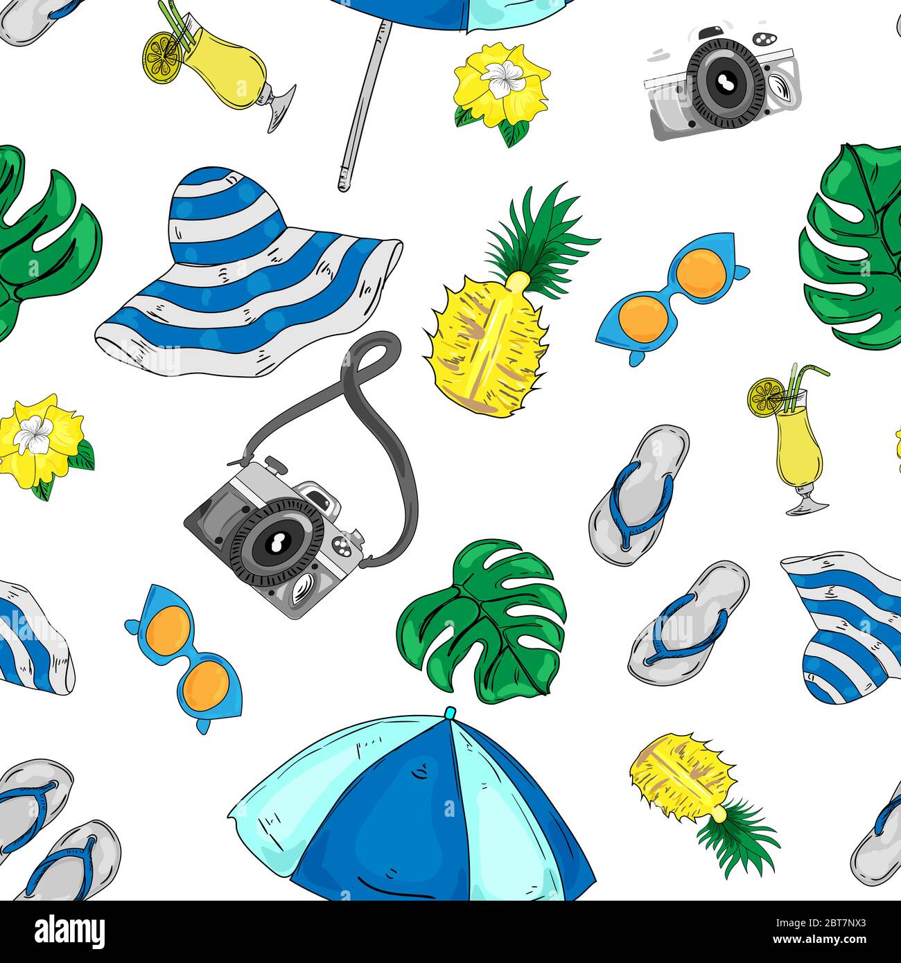 Sea vacation seamless pattern. Sunbathing activity beaches elements and accessories. Marine holidays and leisure symbols. Stock Vector