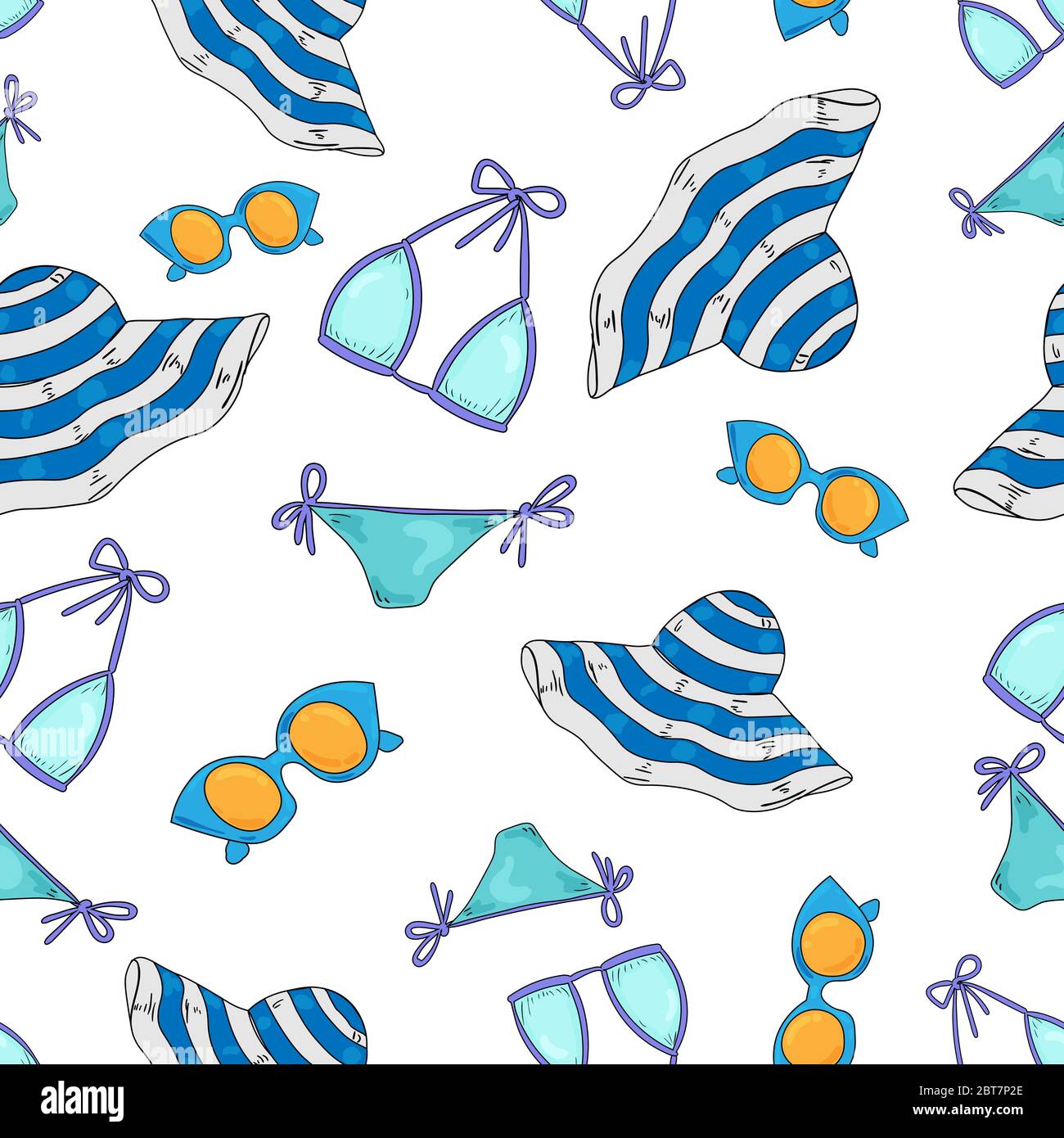 Sea vacation seamless pattern. Sunbathing activity beaches elements and accessories. Marine holidays and leisure symbols. Stock Vector