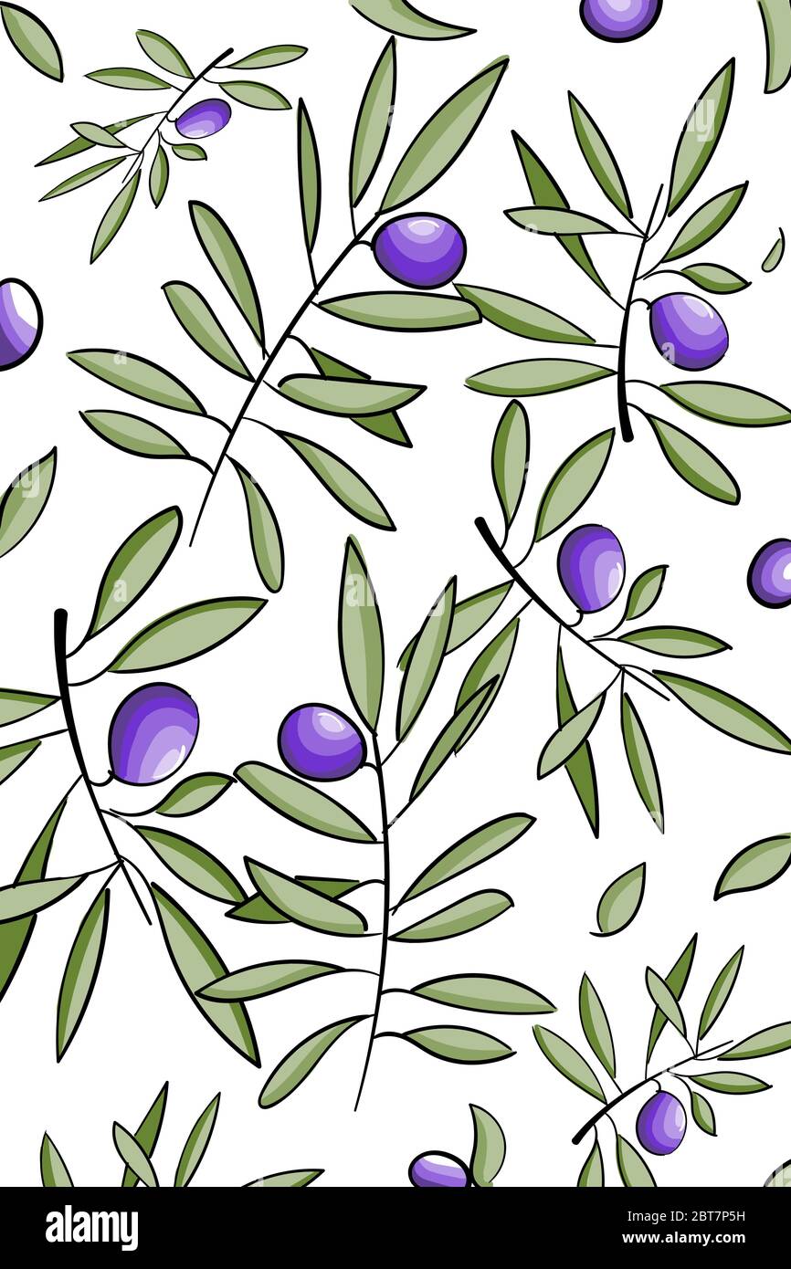 pattern with ink hand drawn olive tree twigs isolated on white. Vintage ...