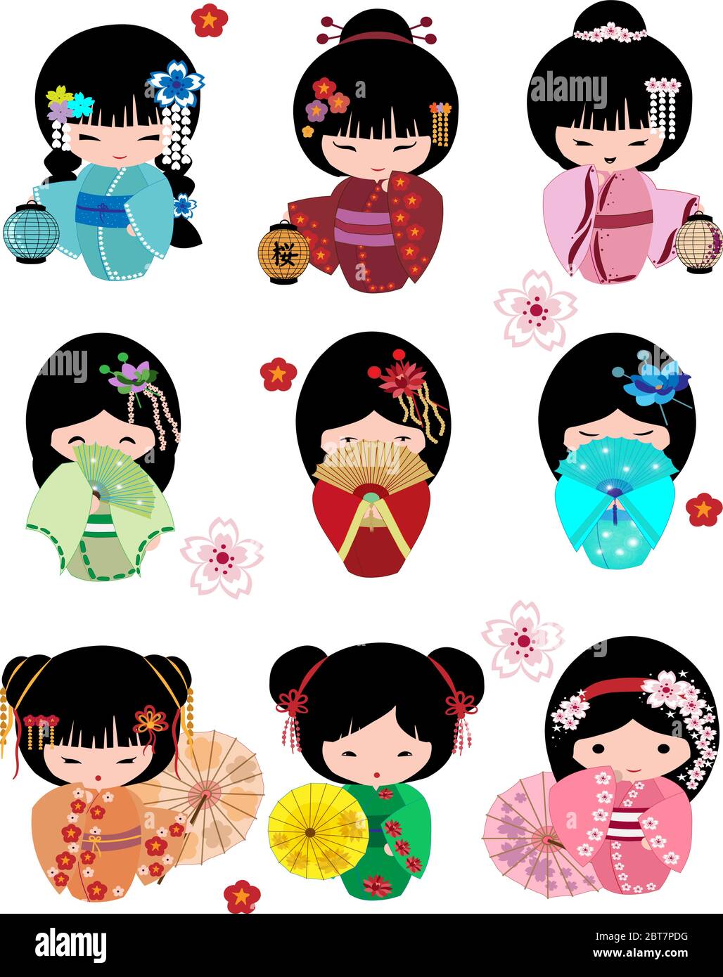 Vector set of flat simple characters on white background Japanese Geisha in different kimono . Stock Vector