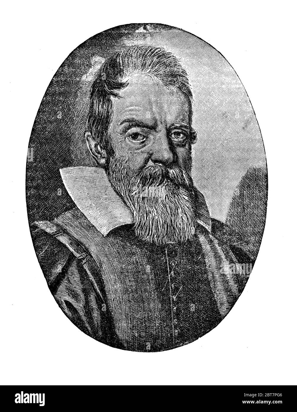 Engraving portrait of Galileo Galilei  (1564 - 1642), Italian astronomer, physicist and engineer,inventor and father of observational astronomy Stock Photo