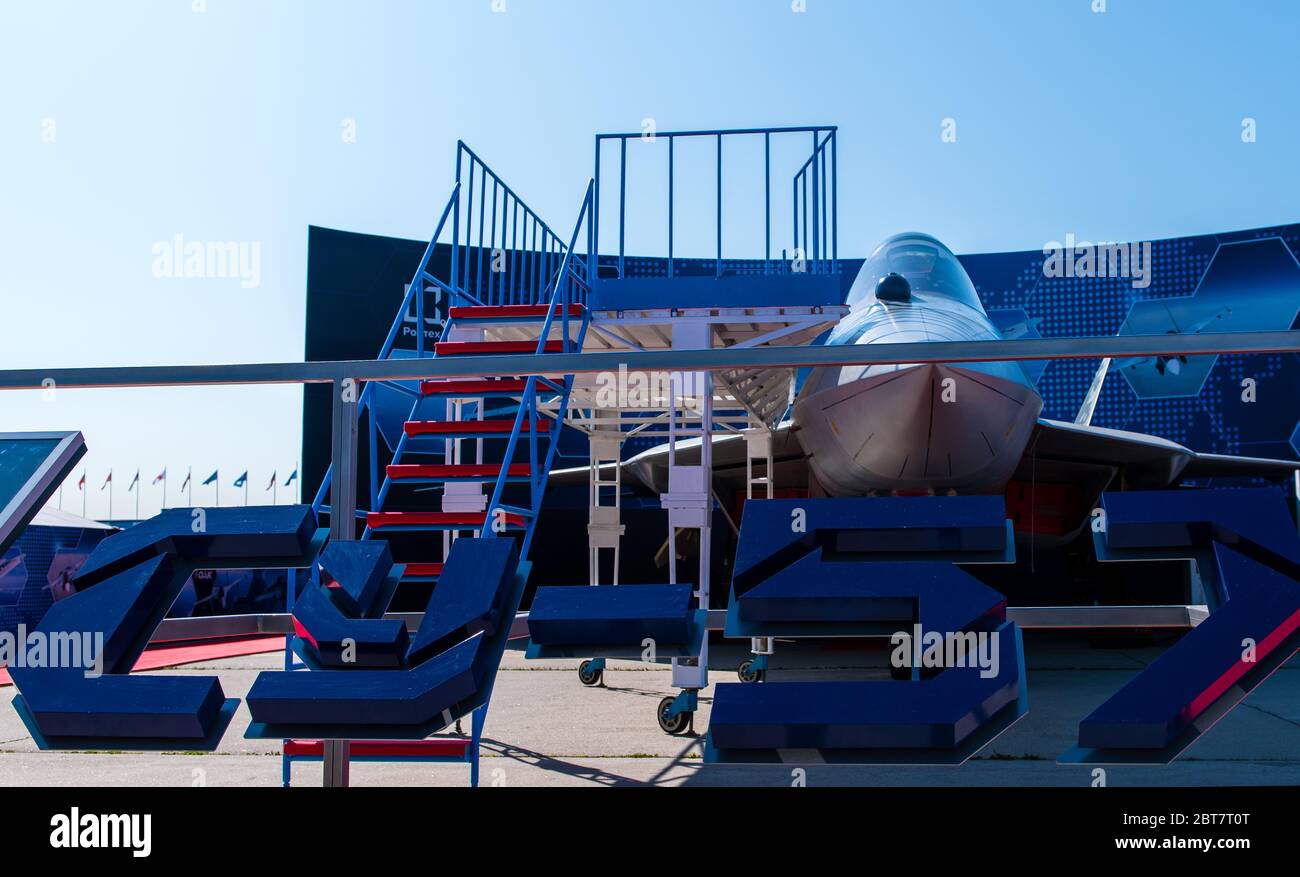 August 30, 2019. Zhukovsky, Russia. fifth-generation promising Russian multi-functional fighter Sukhoi Su-57  at the International Aviation and Space Stock Photo