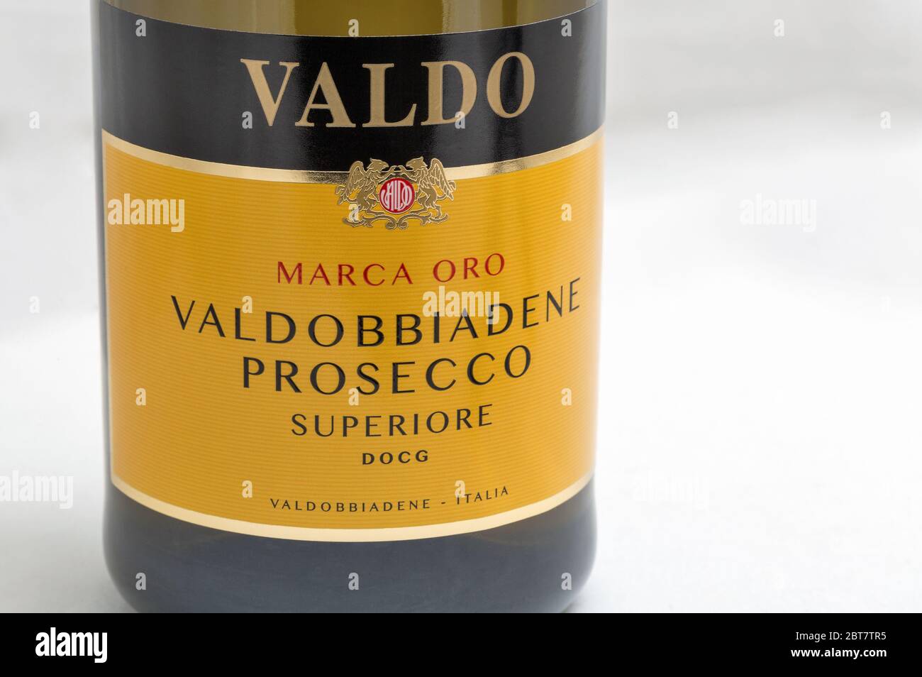 KYIV, UKRAINE - OCTOBER 27, 2019: Italian Marca Oro Valdobbiadene prosecco  bottle closeup against white background. It is a white wine produced in are  Stock Photo - Alamy