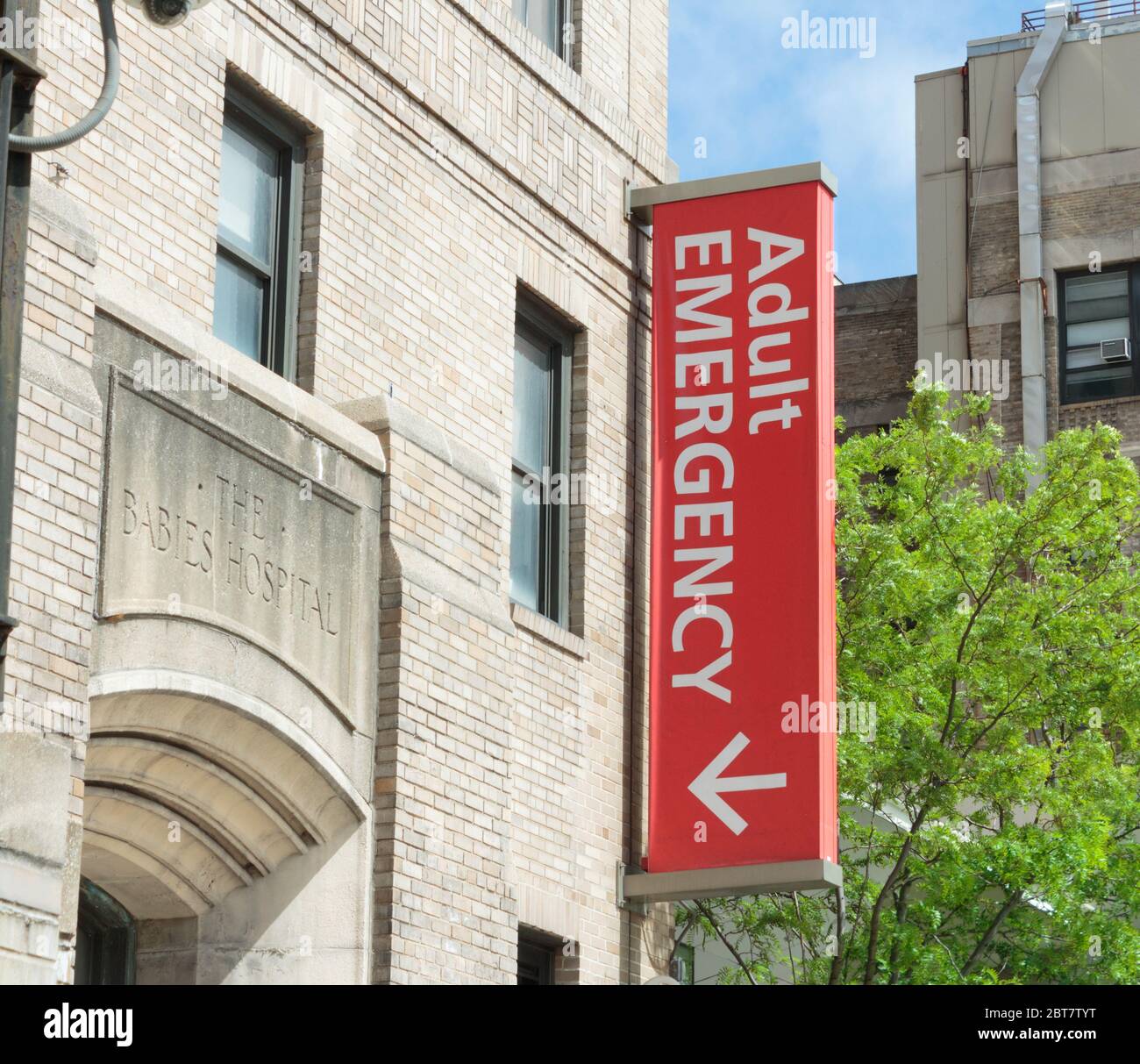 sign indicating the entrance to the adult emergency room at New York Presbyterian-Columbia University Hospital in Washington Heights Stock Photo