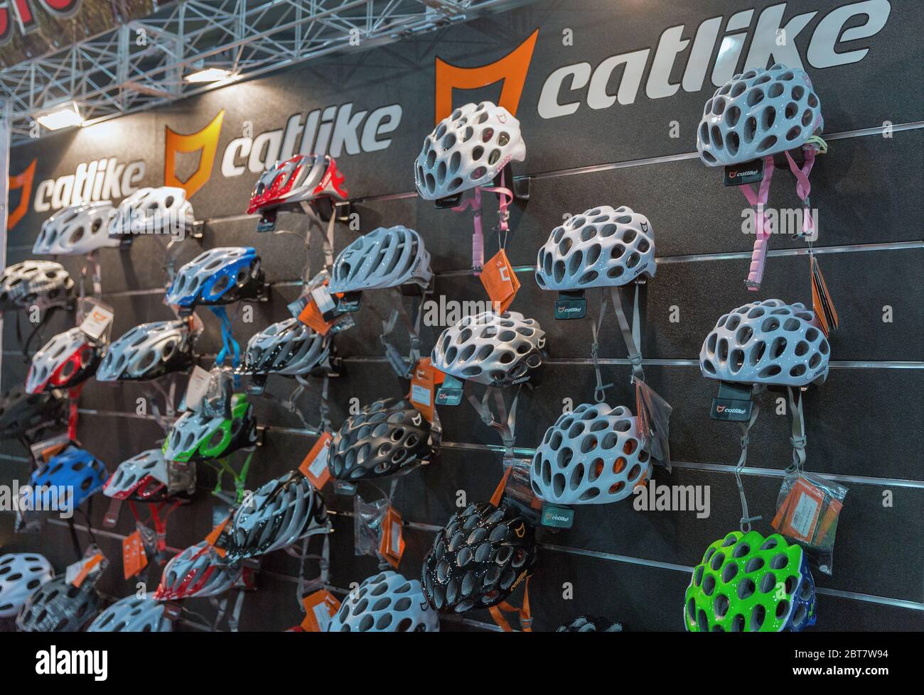 KIEV, UKRAINE - FEBRUARY 26, 2016: Catlike bicycle helmets Spanish manufacturer booth during International Bicycle Exhibition VELOBIKE 2016 in KyivExp Stock Photo