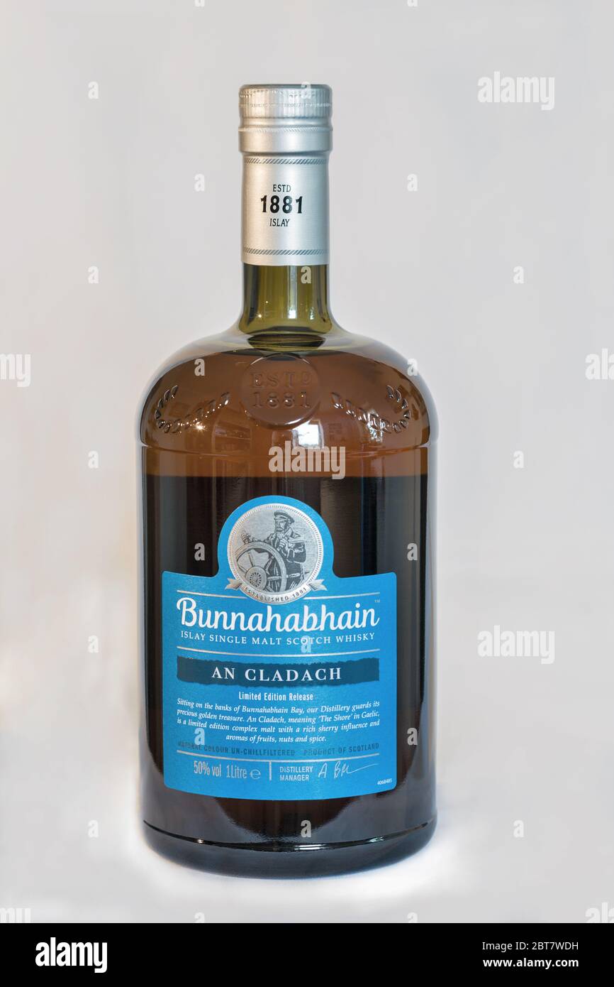KIEV, UKRAINE - JUNE 08, 2019: Bunnahabhain An Cladach limited edition release Islay single malt Scotch Whisky bottle closeup against white. Distiller Stock Photo