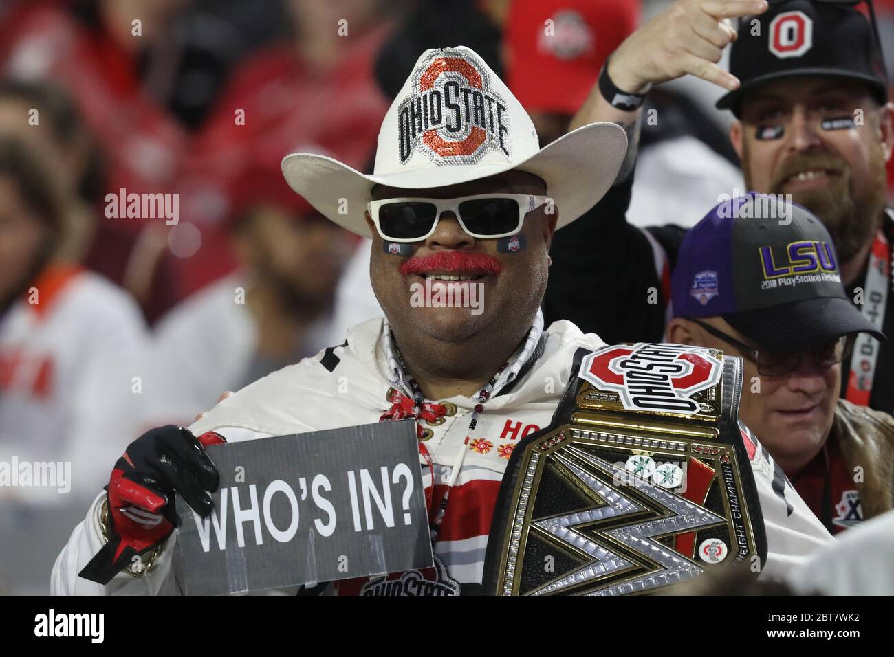 Passionate Ohio State Buckeye football fan at the 2019 College Football Playoff semifinal football game in the Fiesta Bowl in Phoenix, Arizona. Stock Photo