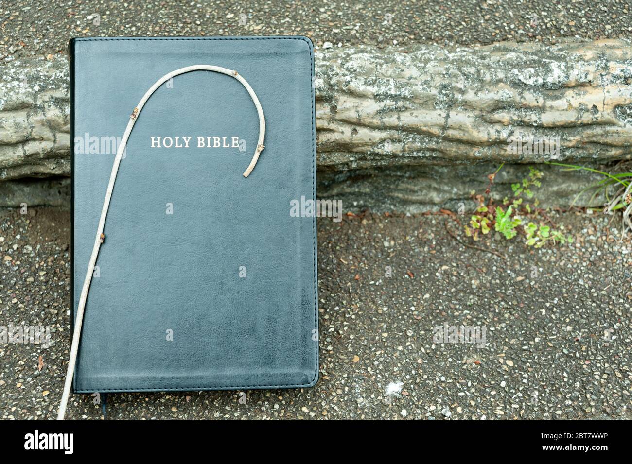 Holy Bible with small wooden staff on top. Background with stair step. Outdoors. Copy space. Horizontal shot. Stock Photo