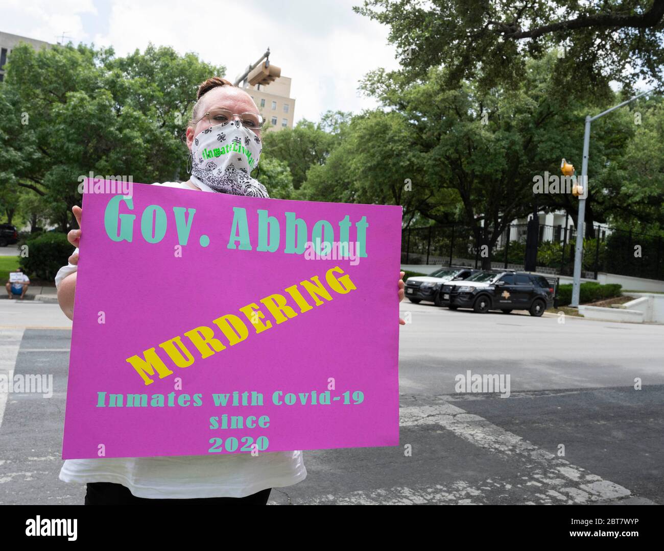 Austin, TX USA May 23, 2020: A coalition of Texas inmates rights groups rallies Saturday, May 23, 2020 at the Texas Governor's Mansion protesting the rapid spread of COVID-19 in prisons and the lack of protections for inmate during the pandemic. Hundreds of Texas inmates have tested positive and social distancing is impossible, critics say. Credit: Bob Daemmrich/Alamy Live News Stock Photo