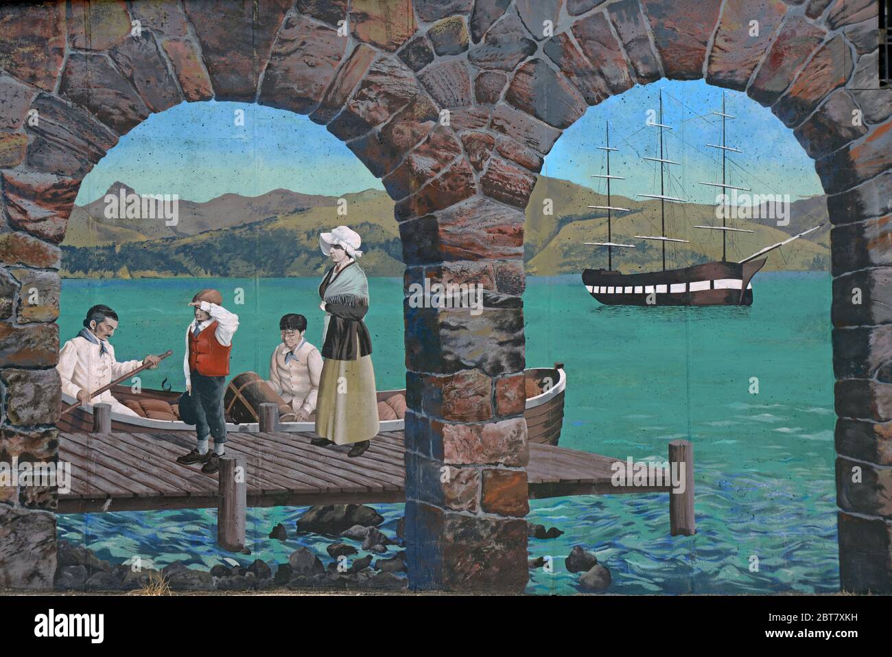 LYTTLETON, NEW ZEALAND, FEBRUARY 25, 2020: A mural painted on the bridge near Pilgrim Rock, a monument to the original Canterbury Pilgrims who settled Stock Photo