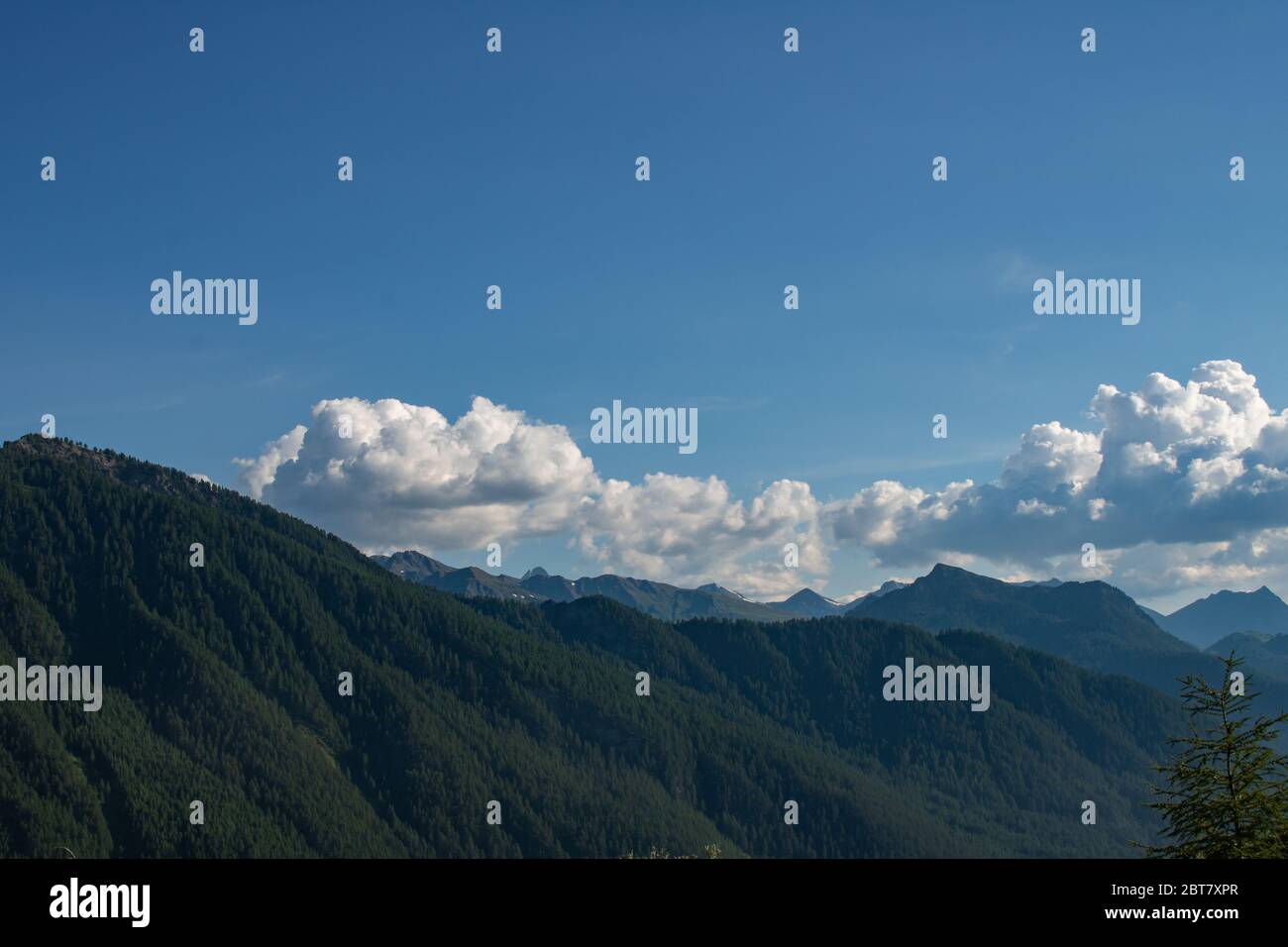 panorama of mountains with dense vegetation and blue sky with a few white clouds Stock Photo