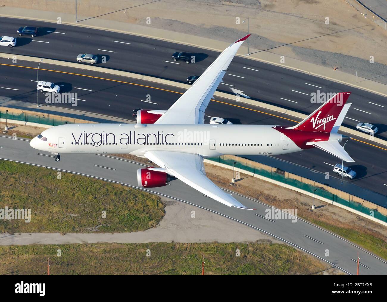 Virgin Atlantic aircraft Boeing 787 Dreamliner view from above. Airplane B787 (787-9) landing in Los Angeles Airport inbound from Gatwick Airport. Stock Photo