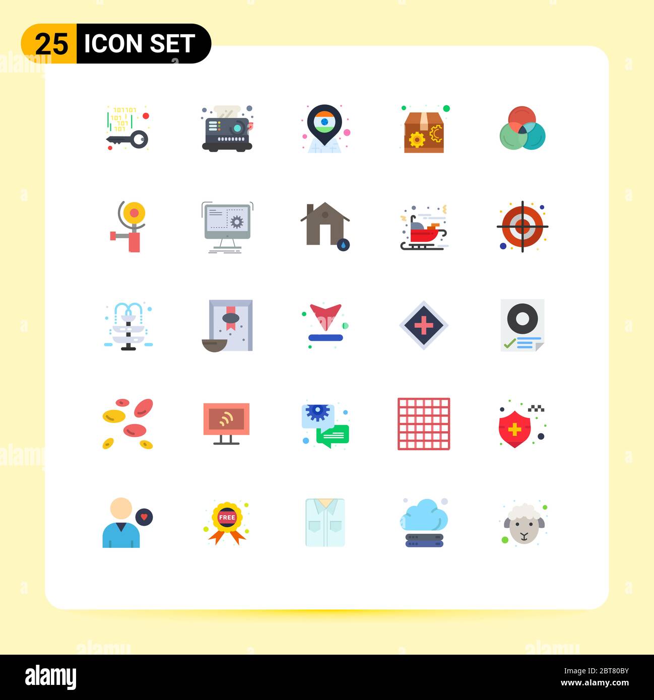 Set of 25 Modern UI Icons Symbols Signs for color, seo, toaster, package, india Editable Vector Design Elements Stock Vector