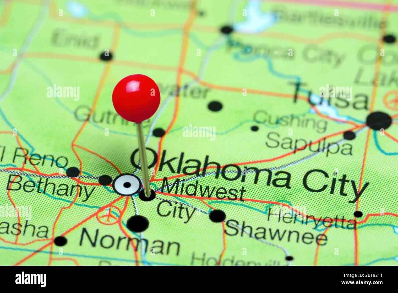Midwest City pinned on a map of Oklahoma, USA Stock Photo