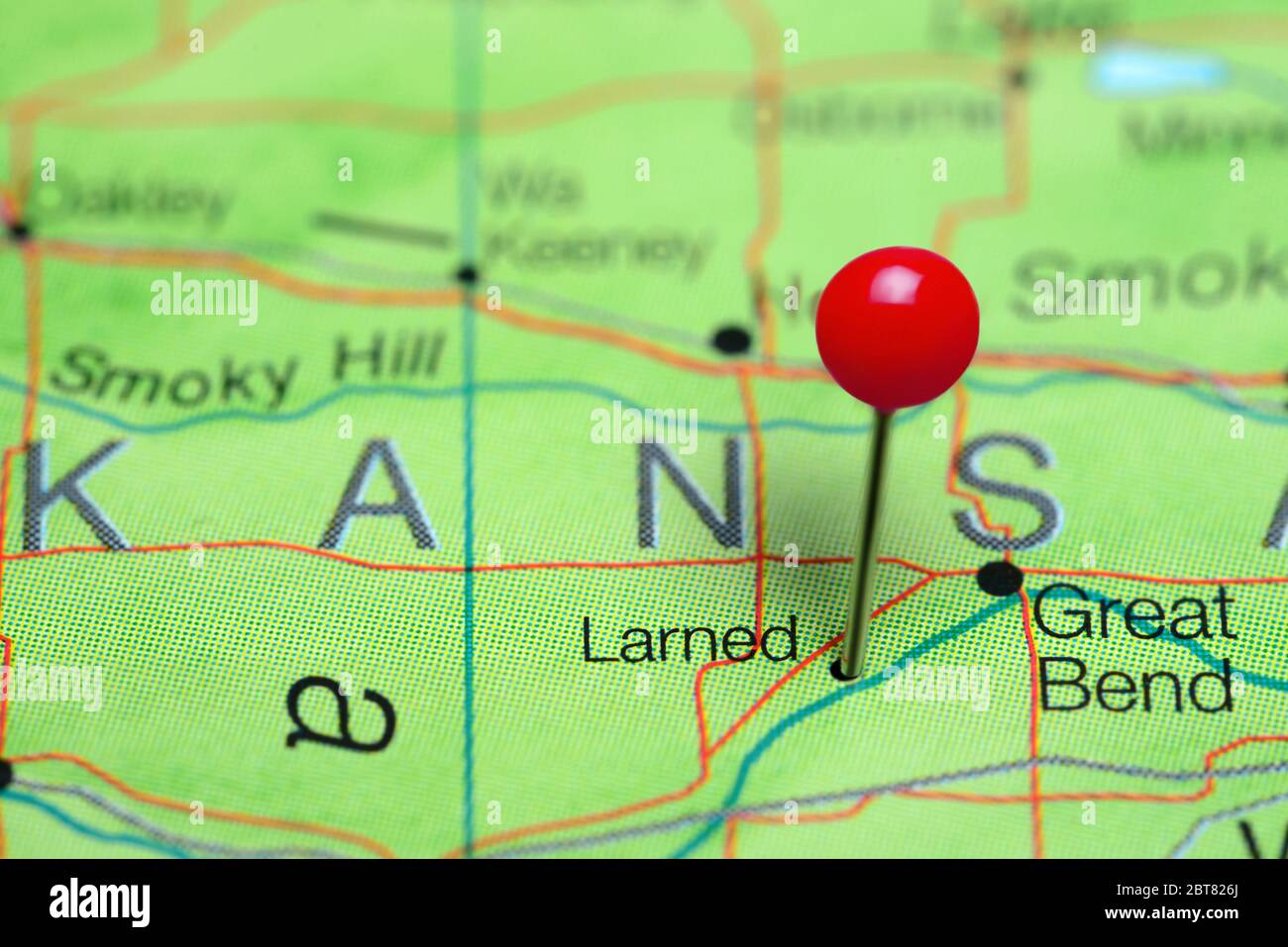 Larned pinned on a map of Kansas, USA Stock Photo Alamy