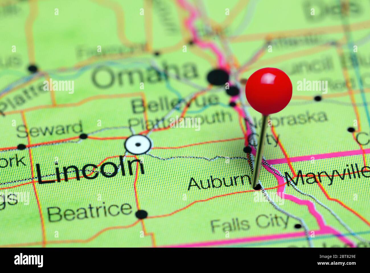 Auburn pinned on a map of Nebraska, USA Stock Photo