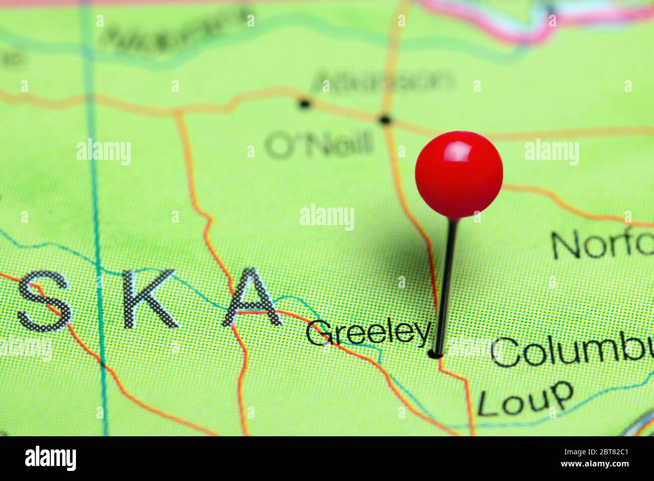 Greeley pinned on a map of Nebraska, USA Stock Photo