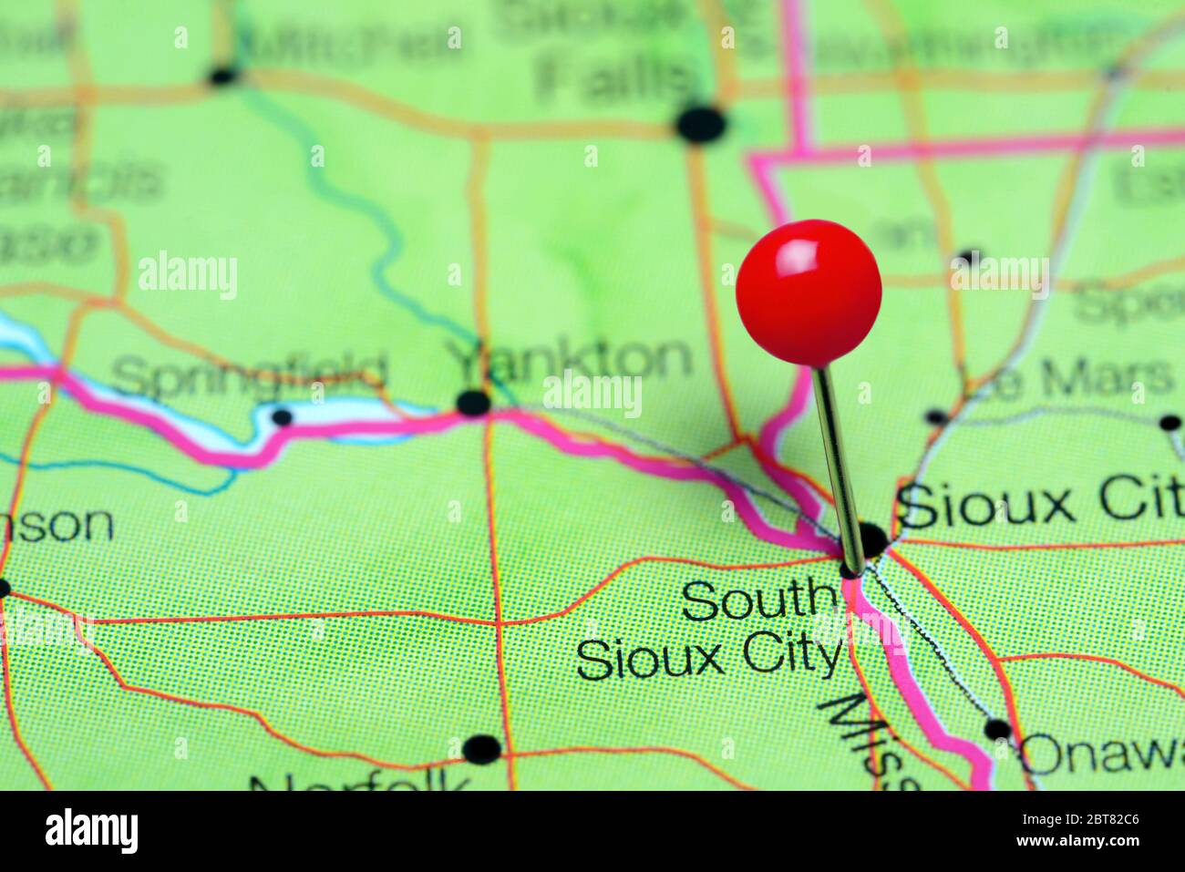 South Sioux City pinned on a map of Nebraska, USA Stock Photo