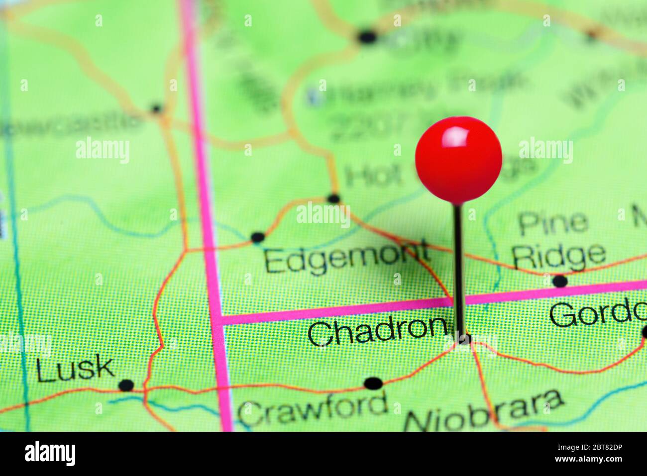 Chadron pinned on a map of Nebraska, USA Stock Photo
