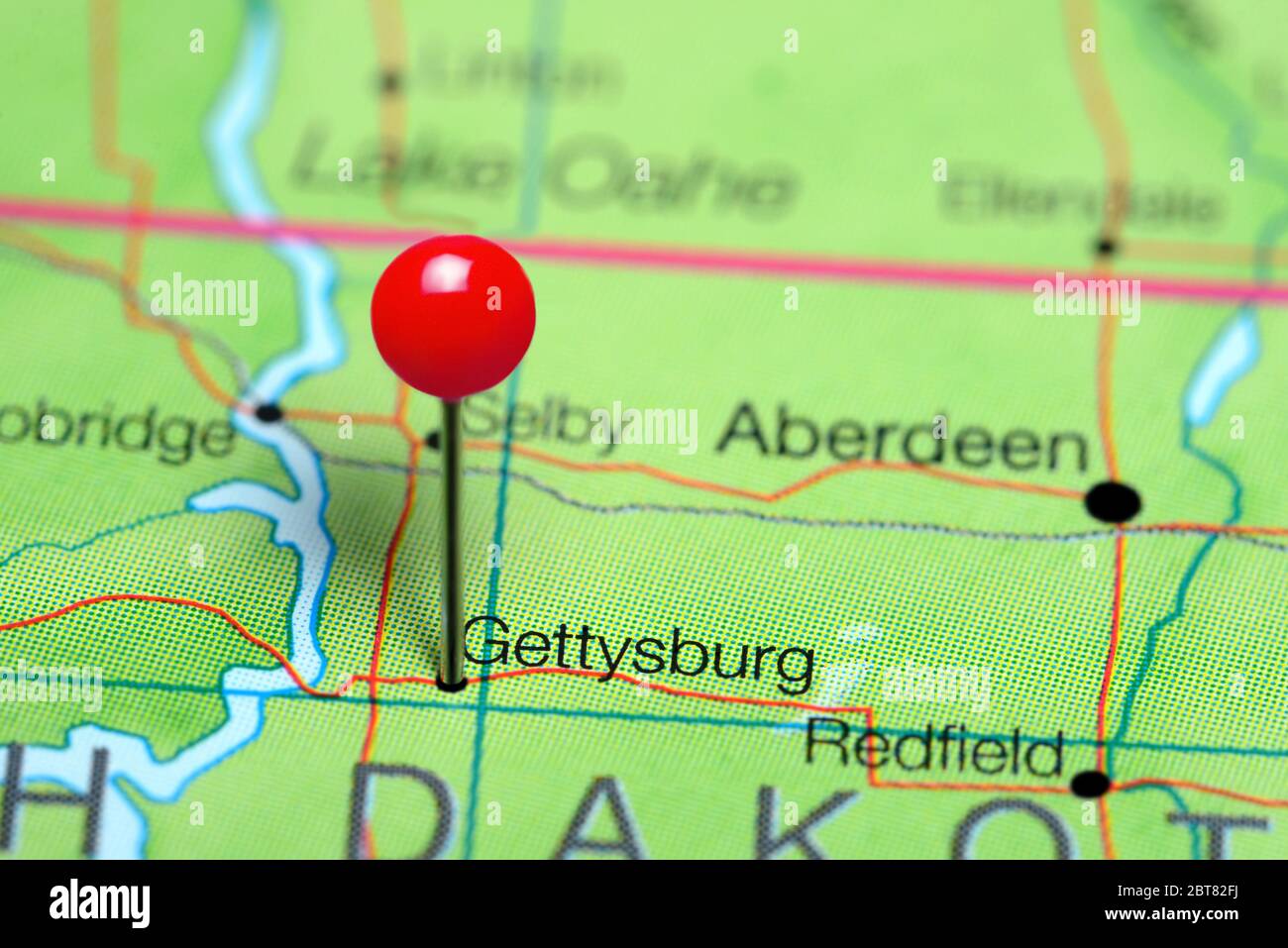 Gettysburg pinned on a map of South Dakota, USA Stock Photo