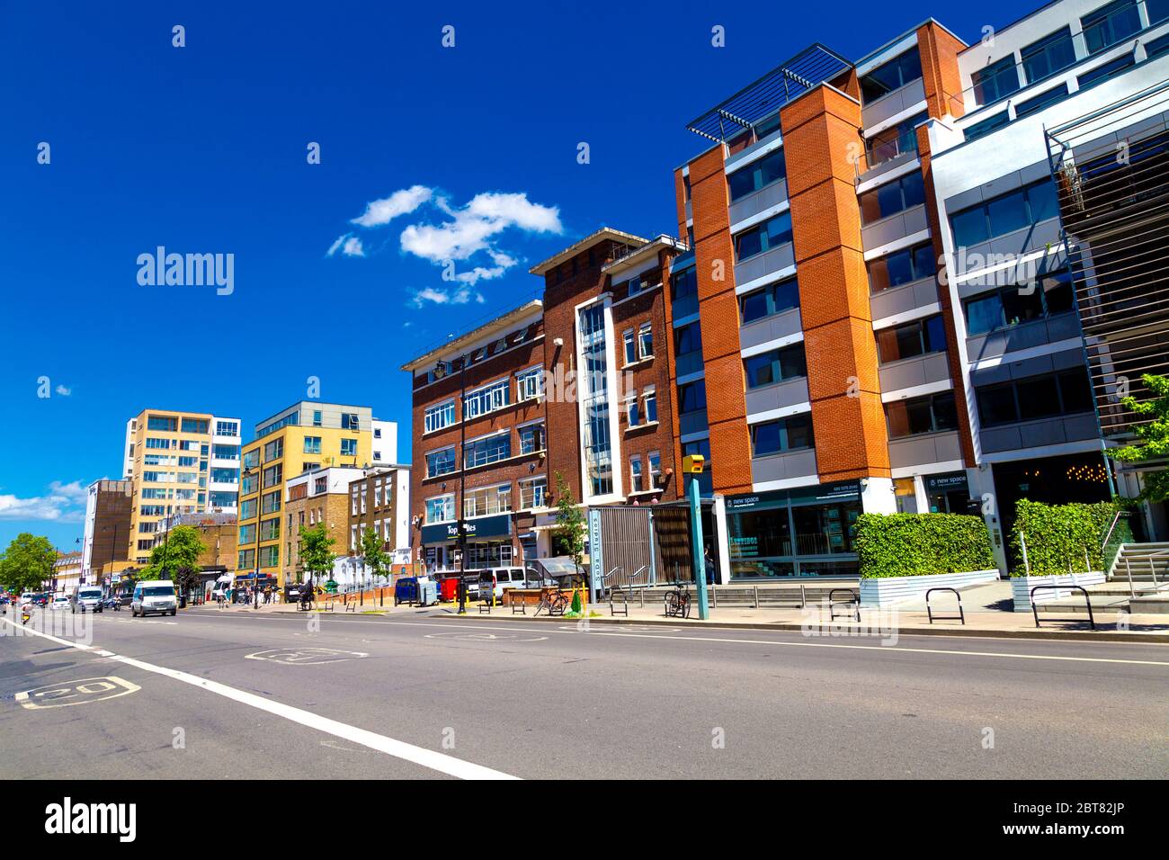 New and old residential houses along Kingsland Road in Haggerston, London, UK Stock Photo