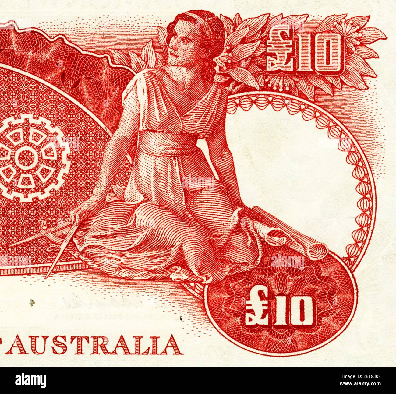 a woman with dividers and plans featured on the reverse of an Australian 10 pound bank note issued between 1954 and 1959 Stock Photo