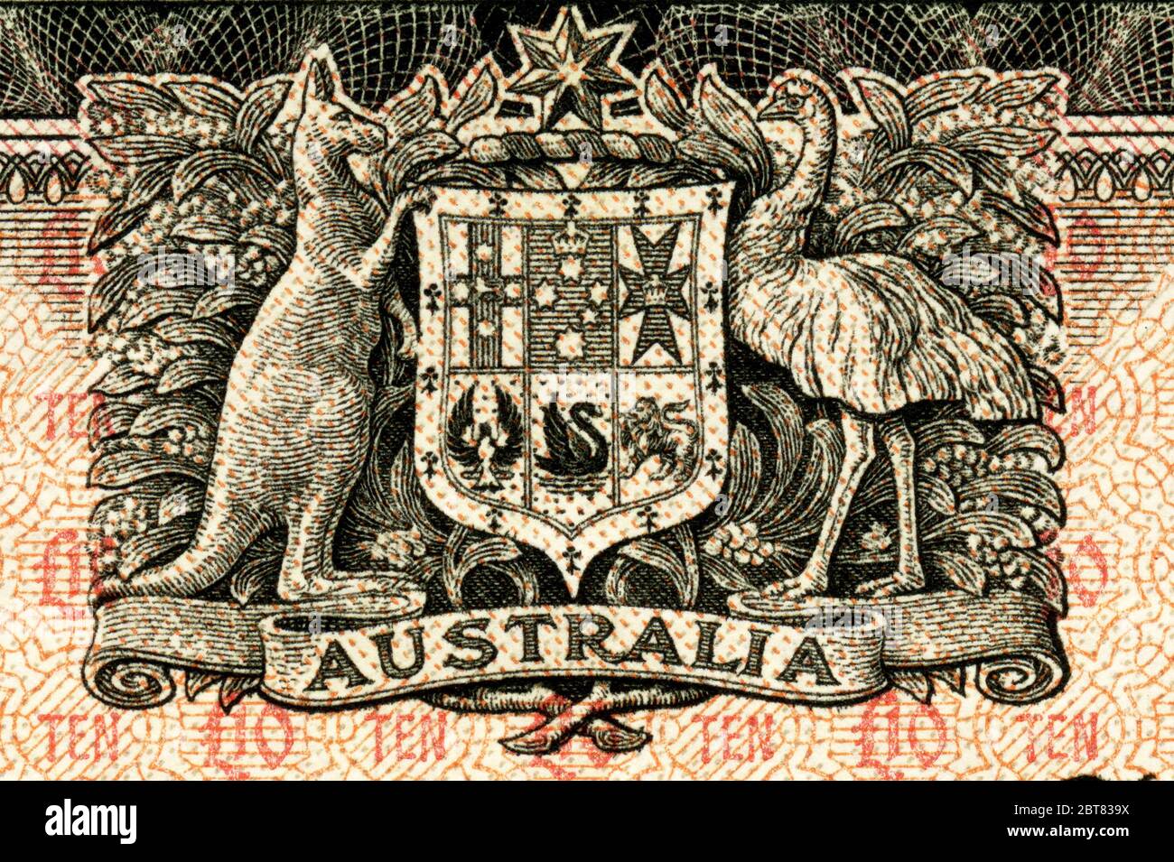 Australiancoat of arms featured on a 10 pound bank note issued between 1954 and 1959 Stock Photo