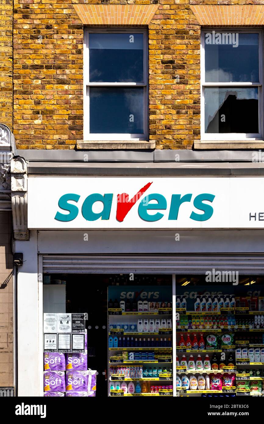 Sign for health and beauty discount chain Savers on the facade of a building, London, UK Stock Photo