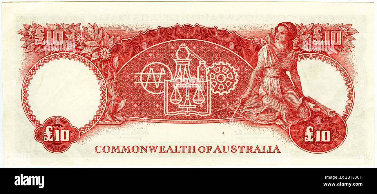 Reverse of an Australian 10 pound bank note featuring a woman with dividers and plans, issued between 1954 and 1959 Stock Photo
