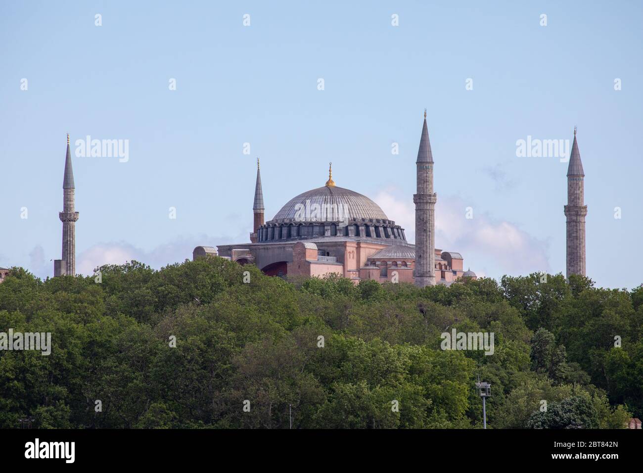 View of the domes and minarets of the Hagia Sophia Museum, located on the historical peninsula of Istanbul. Stock Photo