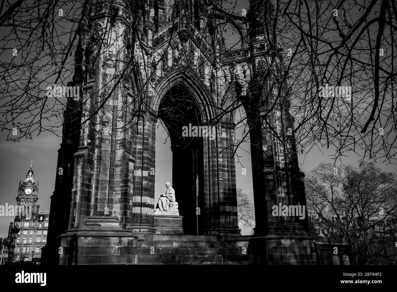 Scott Monument from Princes Street Edinburgh. Taken during lockdown summer 2020. Dramatic black and white shot. Stock Photo