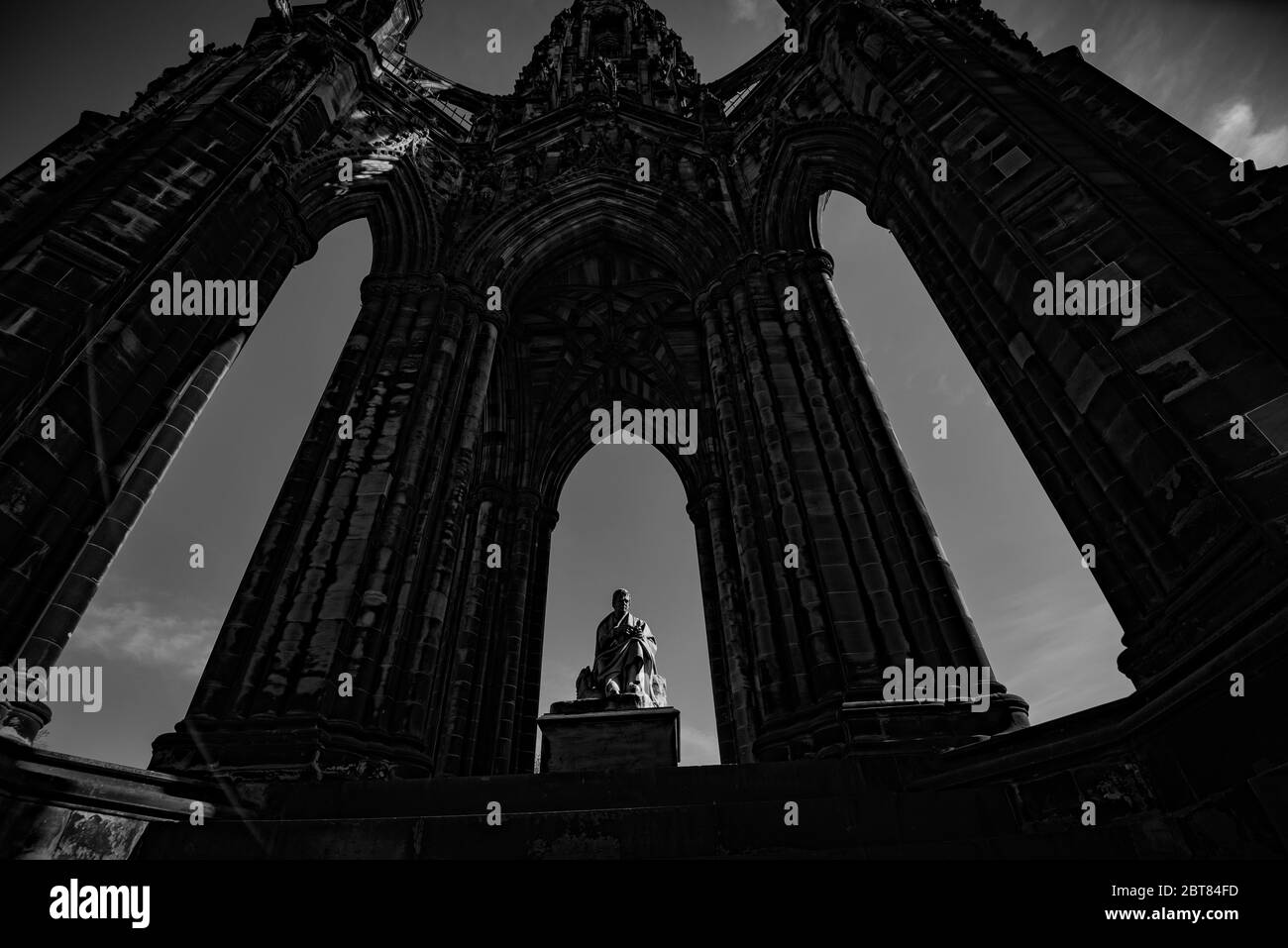 Scott Monument from Princes Street Edinburgh. Taken during lockdown summer 2020. Dramatic black and white shot. Stock Photo