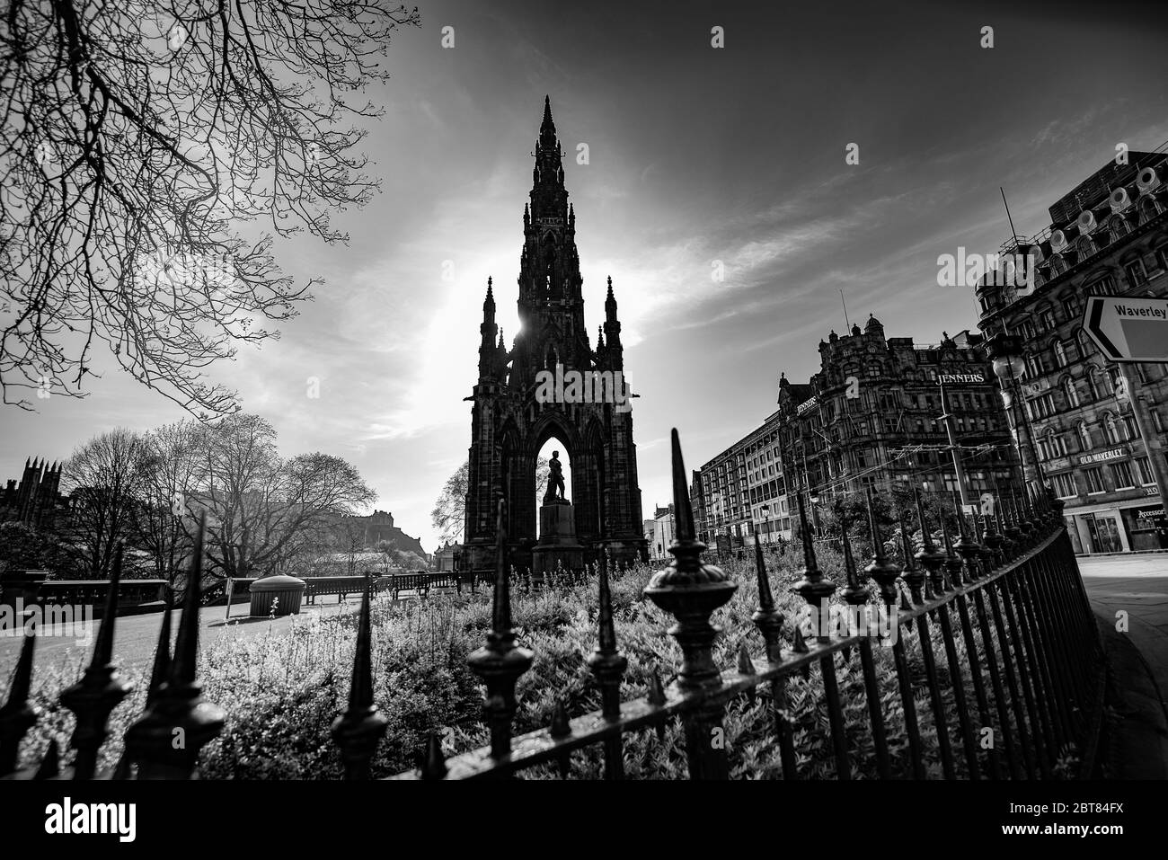 Scott Monument from a deserted Princes Street Edinburgh, during lockdown summer 2020. Dramatic black and white shot. Stock Photo