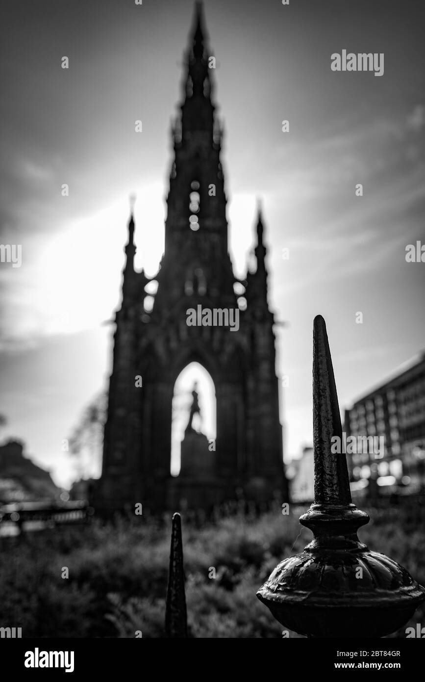 Scott Monument from a deserted Princes Street Edinburgh, during lockdown summer 2020. Dramatic black and white shot. Stock Photo