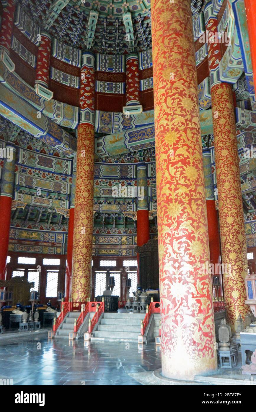 Temple of Heaven: Interior of the Hall of Prayer for Good Harvests. Beijing, China Stock Photo