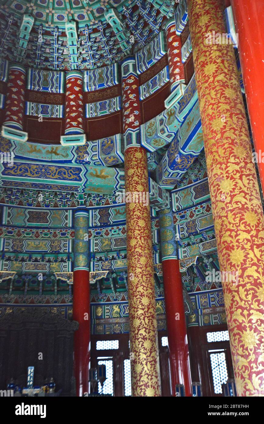 Temple of Heaven: Interior of the Hall of Prayer for Good Harvests. Beijing, China Stock Photo