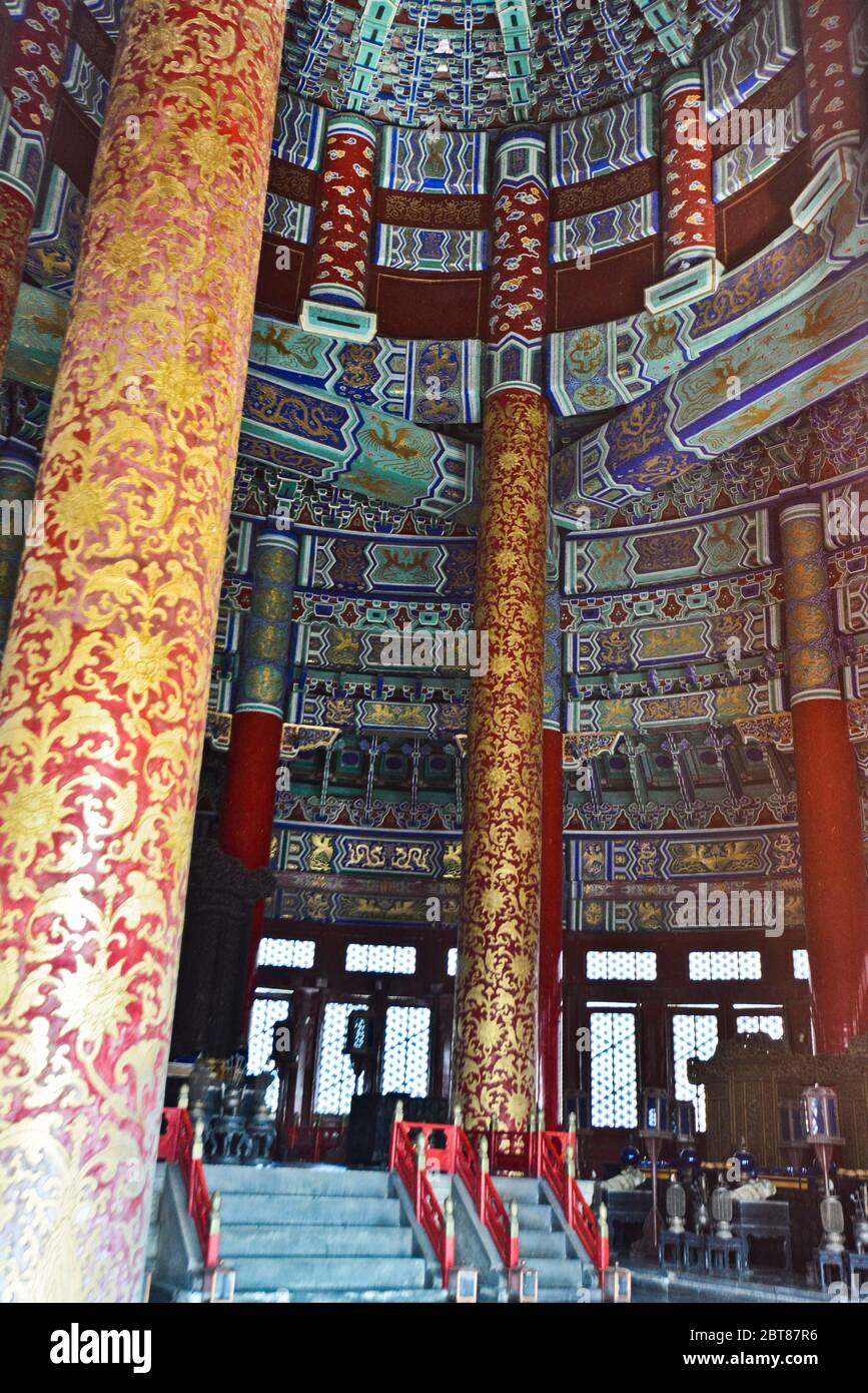 Temple of Heaven: Interior of the Hall of Prayer for Good Harvests. Beijing, China Stock Photo