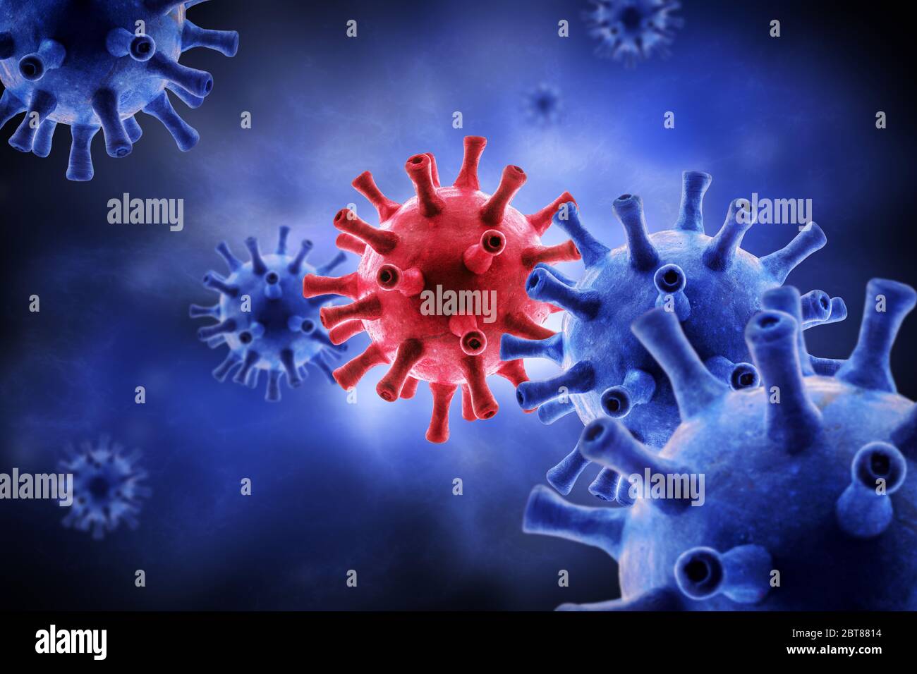 Coronavirus or flu virus pathogen inside organism on blue background, SARS-CoV-2 corona virus under microscope, 3d rendering. Concept of pathology, vi Stock Photo