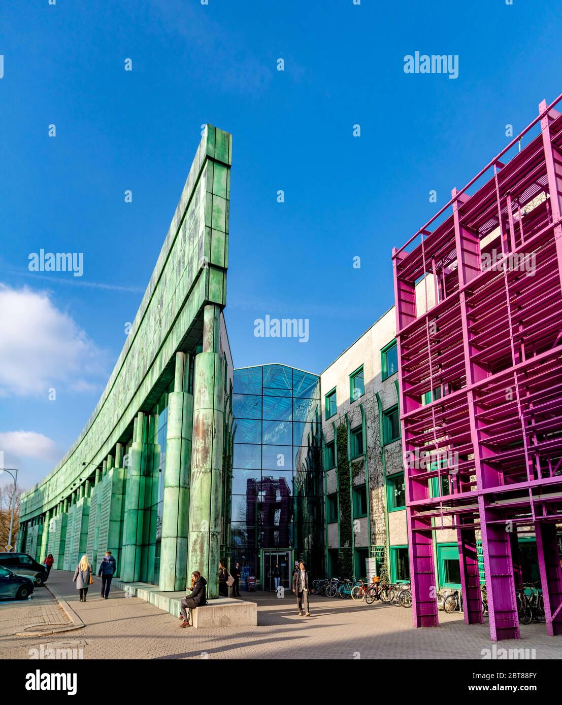 February 18, 2019. Warsaw, Poland. University Library. The decorations on the facade of the university library building. Exterior green color facade Stock Photo