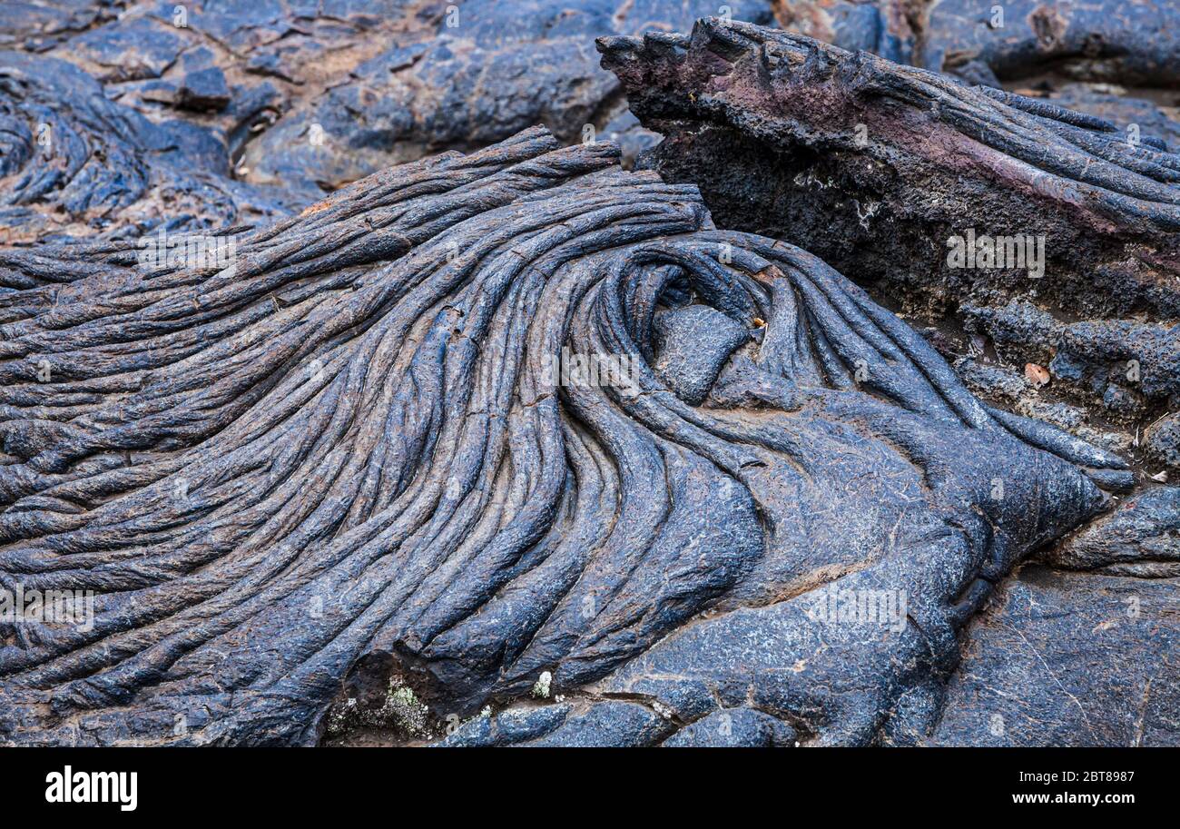 Details of old lava flows uplifted and cracked over time, Hawaii Volcanoes National Park, Hawaii, USA. Stock Photo