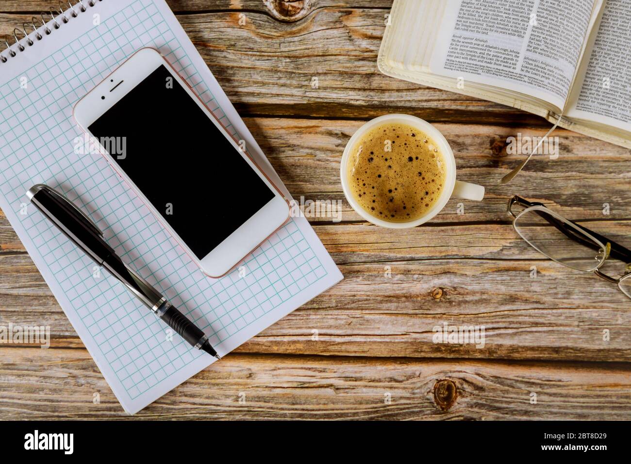 Studying Scriptires Coffee Computer Los Angeles CA US 16 MAY 2020: Study with Holy Bible with black coffee ...